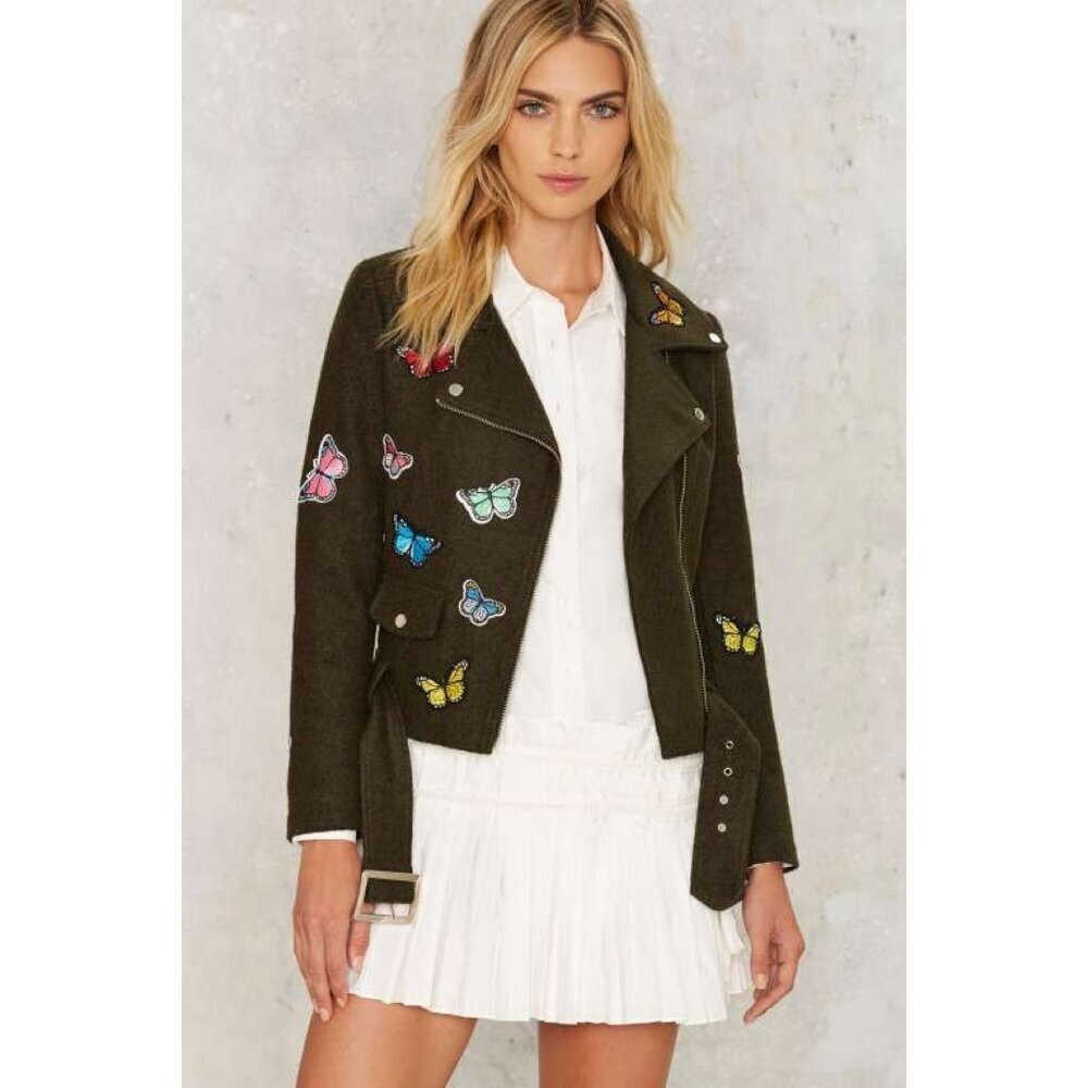Nastygal SIgnature Eight Butterfly Applique Butterfly Effect Wool Moto Jacket S‍